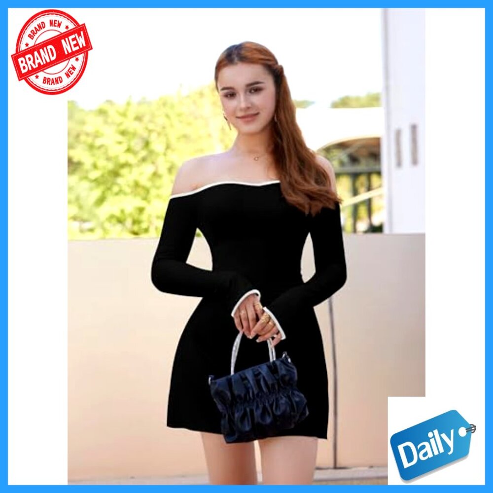 Long Sleeve Off Shoulder Bodycon Mini Dress Ruched Party Cocktail - Picture 5 of 7